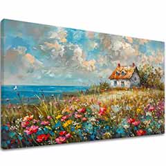 Изображение на пейзаж върху платно Селска къща в цветя | Акрилни детайли