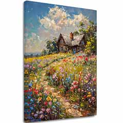 Картина на платно Къщичка в поле от цветя | Акрилни детайли