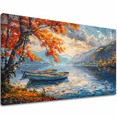 Пейзаж живопис върху платно Есенни листа край езерото | Акрилни детайли
